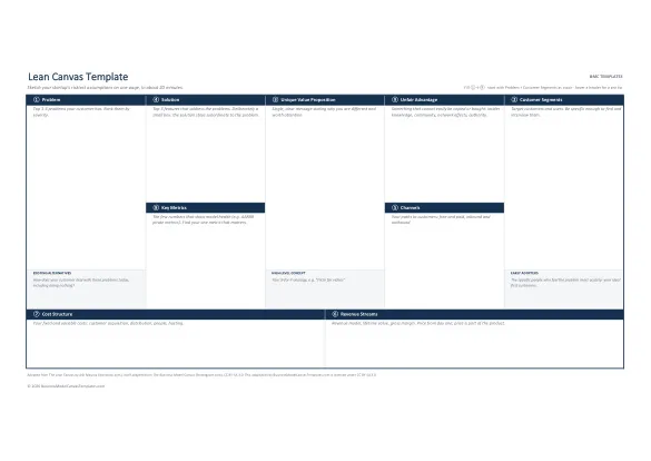 Lean canvas template in Excel with guided prompts in every block